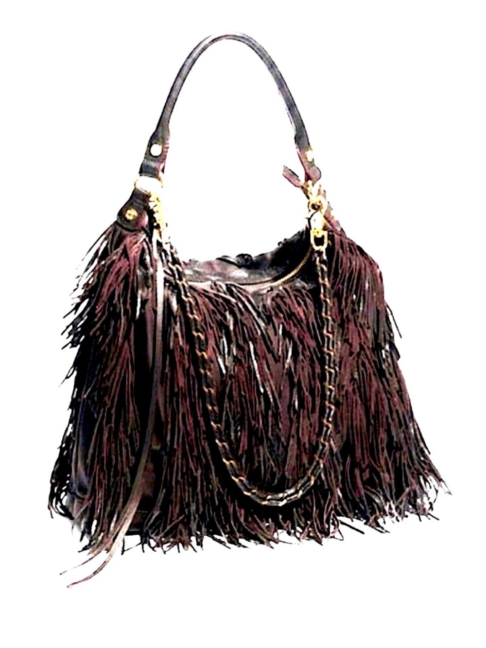 MZ Wallace Carla Fringe Leather And Nylon Crossbody/Hobo Bag In Plum Purple